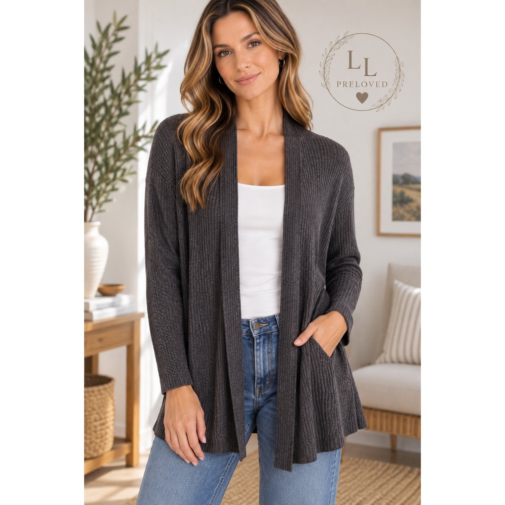 Eileen Fisher Cardigan Womens PM Navy Blue 100% Organic Linen Ribbed Minimal